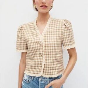 Reformation Bess Linen Top Beige Natural Gingham